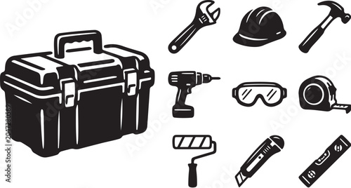 Toolbox and various construction tools illustration set