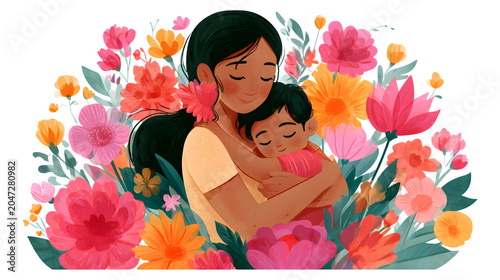 Mother holding child surrounded by colorful flowers showing love and tenderness isolated on transparent background