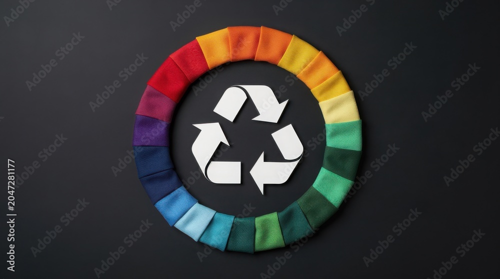 Obraz premium White recycling symbol centered within a circular gradient of colorful fabric swatches on a black background.