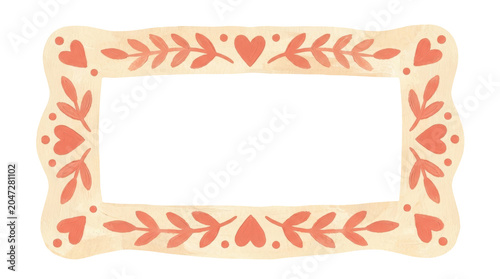 Rectangular folk style frame with hearts and leaves on transparent PNG background, hand painted coral beige border decorative element isolated