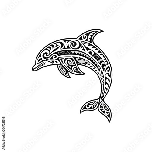 Polynesian dolphin tattoo design in black and white vector style, tribal ocean symbolism and decorative cultural artwork