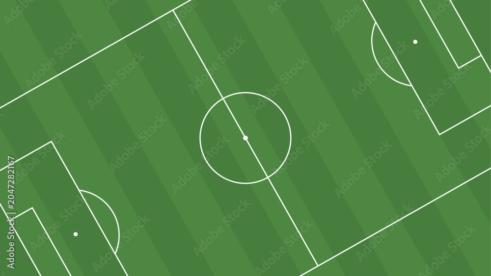 Naklejka premium Football Pitch or Soccer Field Background. Football Field Wallpaper with Striped Grass Pattern, Soccer Pitch Markings and Copy Space. Football Pitch Background for Banner, Poster, Ad, Cover. 