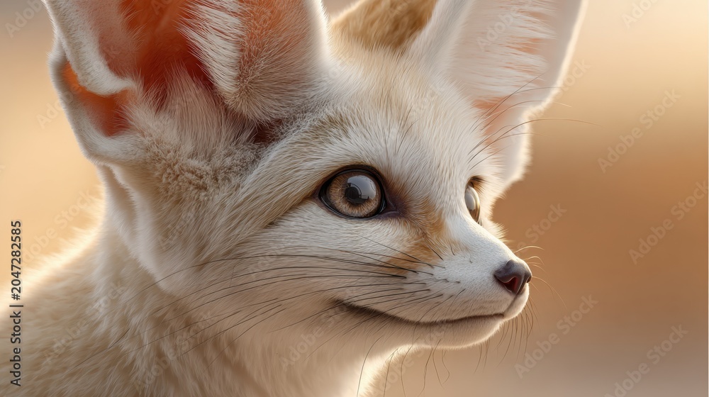 Fototapeta premium Detailed portrait of a curious fennec fox with large ears and expressive eyes softly illuminated by warm natural light in a serene outdoor setting