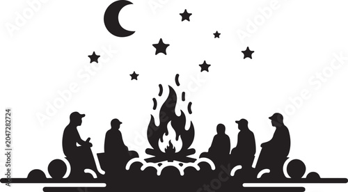 Camping, outdoor adventure, vector silhouette, campfire gathering