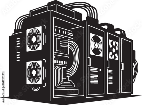 Computer server, data center, black vector icon, technology illustration, server room