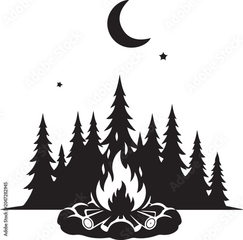 Camping, Forest, Night, Silhouette, Black, Moon, Stars, Vector Icons