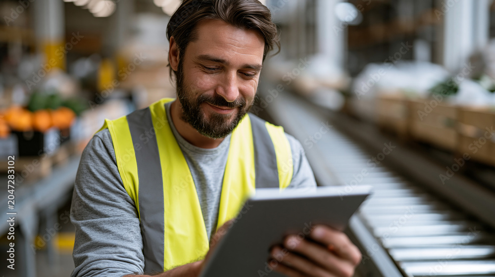 Obraz premium Logistics coordinator in a bustling food distribution warehouse reviewing a supply chain farm to fork tracking application on a mounted tablet, scanning QR-coded produce crates