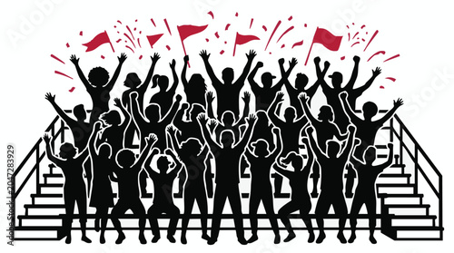 Crowd of cheering people silhouettes with flags and confetti isolated on white background