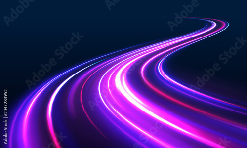 Futuristic neon tunnel road with laser lines flows through a night city on dark background. Light gradient motion creates depth. Speed amplifies the glowing urban scene. Vector illustration.