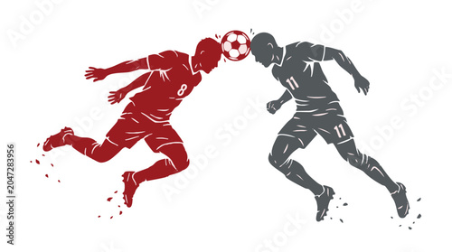 Two soccer players heading the ball, isolated on white background