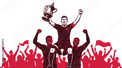 Vector illustration of a soccer team celebrating a championship victory with a trophy isolated on white background
