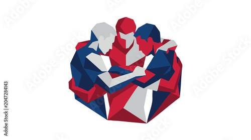 Abstract geometric illustration of three people in a huddle, symbolizing teamwork, unity, and collaboration