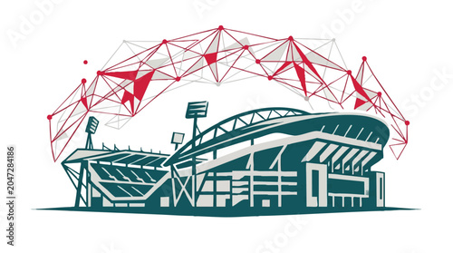 Modern stadium architecture vector illustration, sports arena building with abstract geometric network structure above, isolated on white background