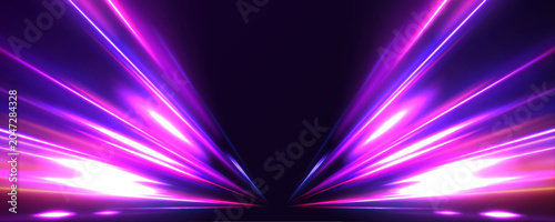 Neon color glowing lines background, high-speed light trails effect. Modern abstract high-speed light motion effect on black background. Light motion effect, slow shutter of traffic.	

