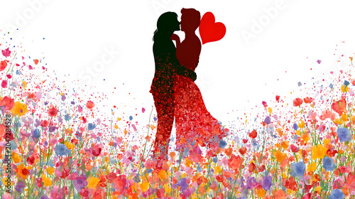 Couple embracing in field of colorful flowers with heart symbol isolated on transparent background