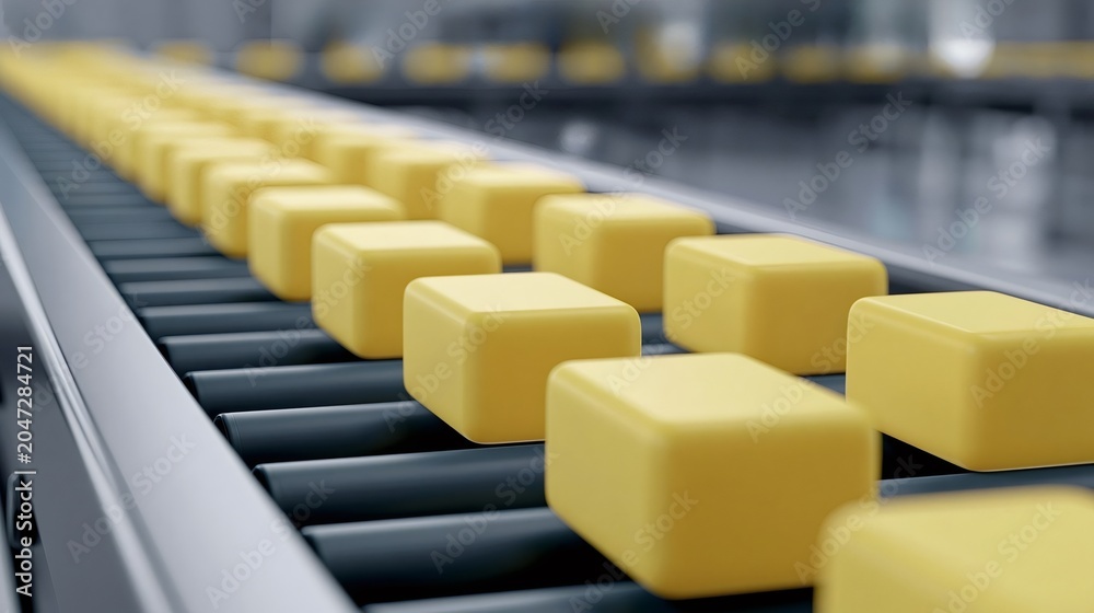 Fototapeta premium Yellow, rounded rectangular objects progressing in a long line on a factory conveyor belt system, representing concepts of manufacturing, mass production, automation, and industrial technology