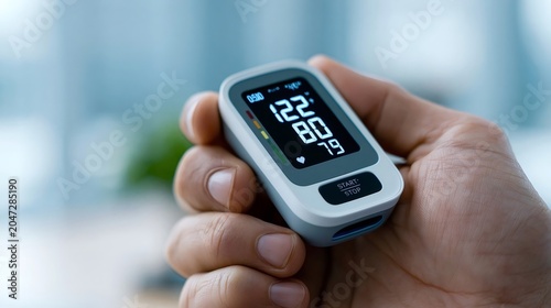 Hand holding a modern portable digital blood pressure monitor, displaying systolic and diastolic pressure with heart rate, representing health monitoring and self care in a medical context