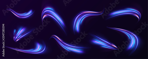 Cuadro en lienzo Curving and swirling dynamic abstract glowing neon blue light trails set on dark spacious environment