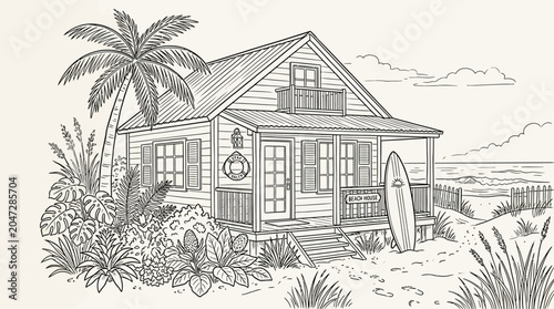 Surfboard leaning against beach house.