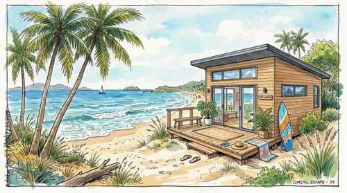 Beach house with surfboard on sand.