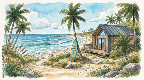 Surfboard on sandy beach vacation spot.