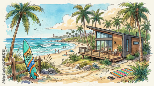 Beach house with surfboard on sand.