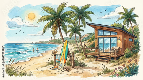 Surfboard on sandy beach with palm trees.