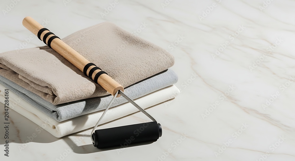 Naklejka premium Minimalist home fitness equipment featuring an exercizing gymstick with a wooden bar and black foam grips resting on a stack of neutral colored yoga mats and towels.