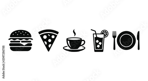 Food And Beverage Icons Black Silhouette Set On White Background