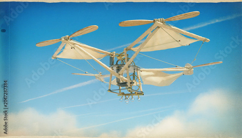 Tudor era flying machine made of balsa wood and silk sails powered by wooden propellers in the sky