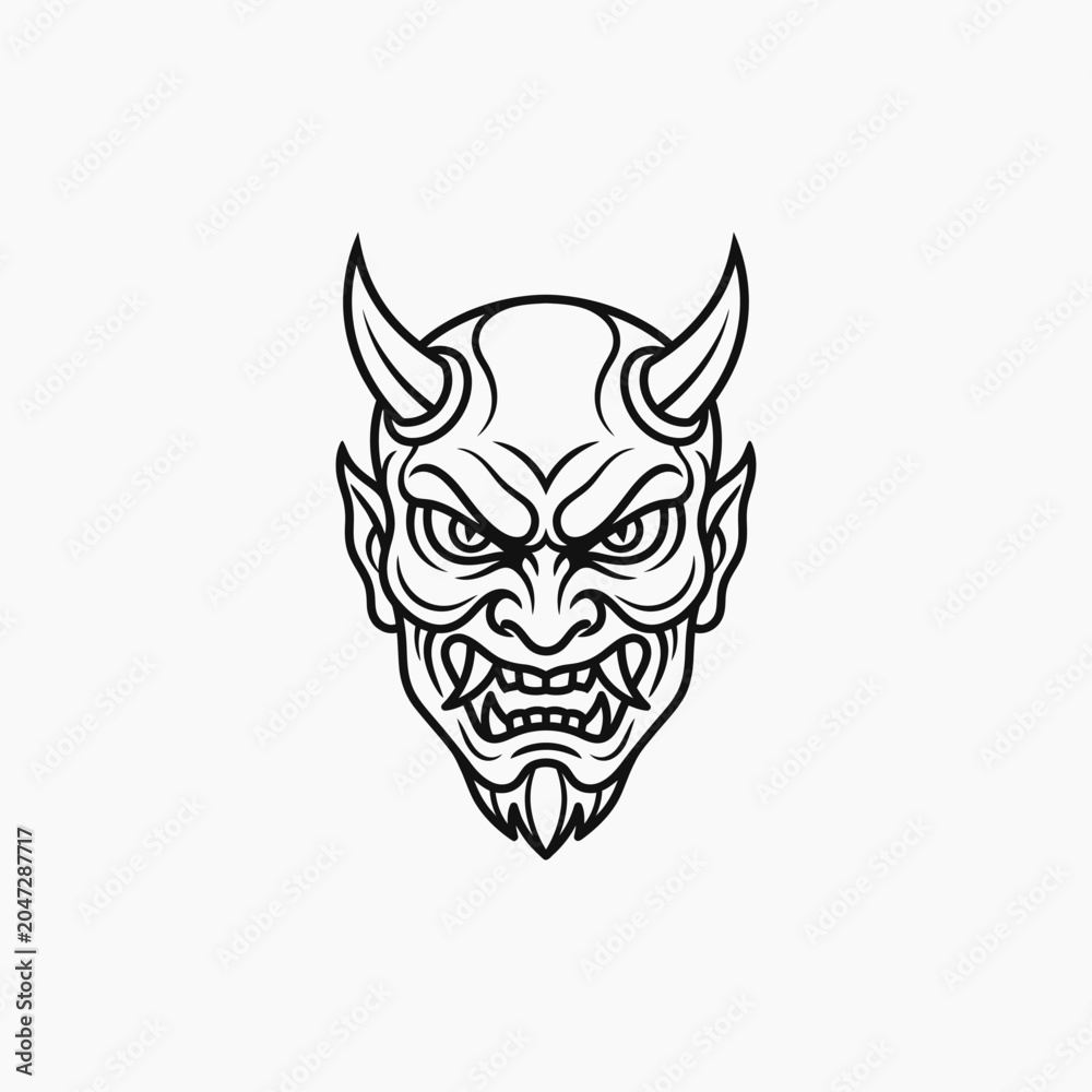 Fototapeta premium Japanese hannya mask silhouette featuring angry facial expression with sharp horns and teeth isolated on white background for mystical folklore concepts stylized graphic portrait line art icon.