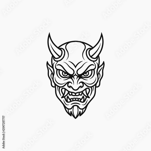 Photos Japanese hannya mask silhouette featuring angry facial expression with sharp horns and teeth isolated on white background for mystical folklore concepts stylized graphic portrait line art icon