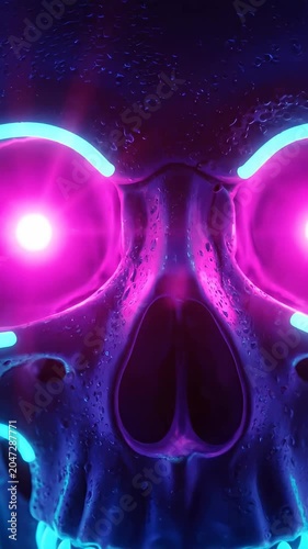Glowing blue neon skull with bright pink laser eyes.