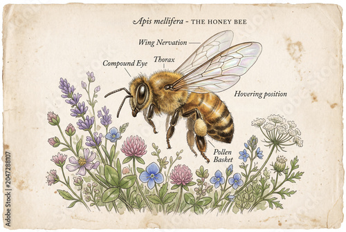 Vintage honey bee anatomy diagram chart with scientific label text on aged parchment background with wildflower for botanical textbook illustration or eco education poster design