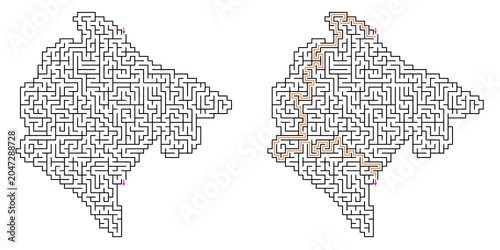 Map of Montenegro Abstract labyrinth shaped maze puzzle vector outline with answer in red lines with blue arrows, graphic illustration for Kids activity page, Printable game and books publishing