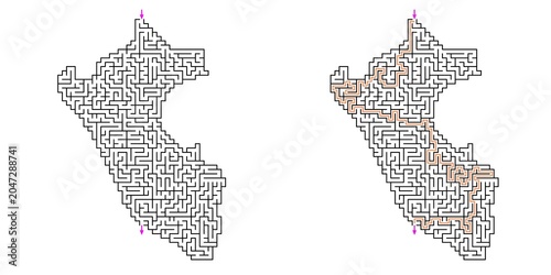 Map of Peru Abstract labyrinth shaped maze puzzle vector outline with answer in orange lines with purple arrows , graphic illustration for Kids activity page, Printable game and books publishing
