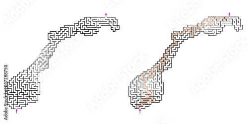 Map of Norway Abstract labyrinth shaped maze puzzle vector outline with answer in orange lines with purple arrows, graphic illustration for Kids activity page, Printable game and books publishing