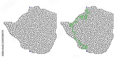 Map of Zimbabwe Abstract labyrinth shaped maze puzzle vector outline with answer in green lines with red arrows , graphic illustration for Kids activity page, Printable game and books publishing