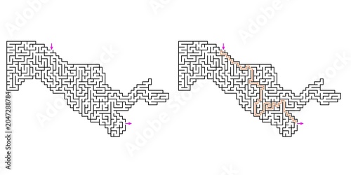 Map of Uzbekistan Abstract labyrinth shaped maze puzzle vector outline with answer in orange lines with purple arrows showing direction , graphic illustration 