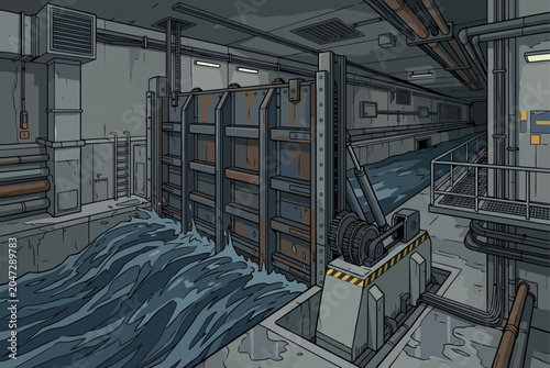 Slika na platnu A dramatic illustration depicts an automated storm defense barrier battling floodwaters in a sewer tunnel