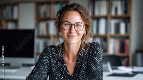 Smiling woman with glasses in office, looking at the camera with a bookshelf background