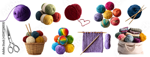 Set of Knit knitting, starter kit essential equipment, acrylic woollen wool cotton, scissors needles, yarn threads balls, transparent cutout PNG. mockup for design