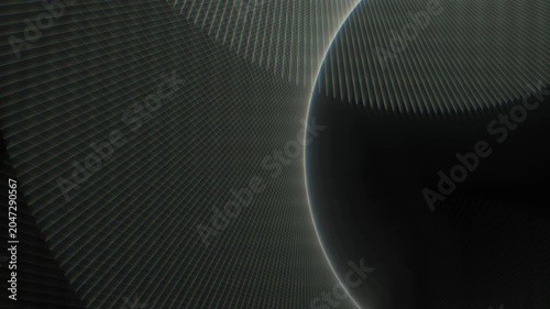 Dark abstract intersecting curves. Movement along the arc of a circle. Abstract sweeping grid lines of glowing round shape. seamless loop
