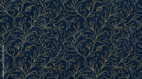 Elegant seamless pattern with golden handdrawn leaves and vines on dark blue background