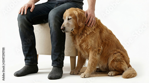 Senior golden retriever sitting close to owner for comfort