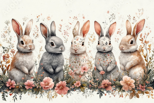 Six Minimalist Bunnies with Floral and Leaf Accents