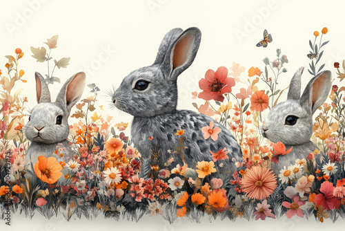 Whimsical Pastel Bunny Silhouettes with Botanical Patterns