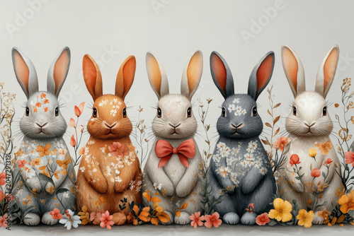 Pastel Silhouette Bunnies with Floral Boho Details