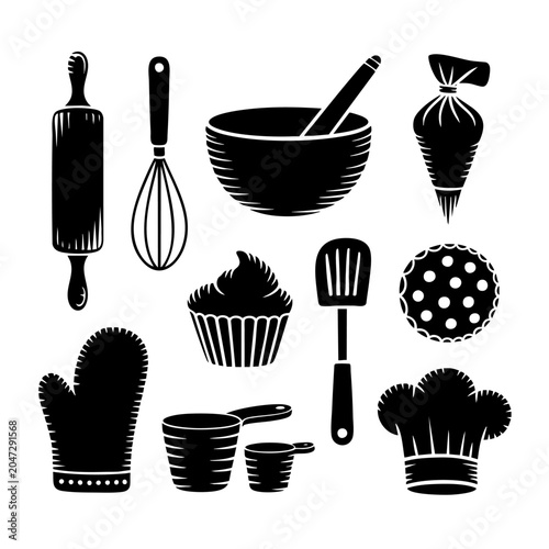 Bild auf Leinwand Flat vector modular layout with pastry tools in 4x3 grid for bakery catalog and
