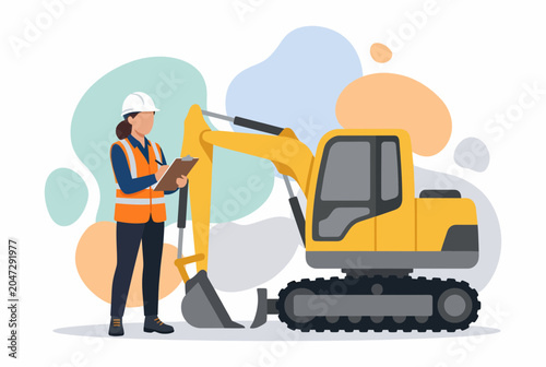 Female safety inspector with hard hat and clipboard by an excavator
